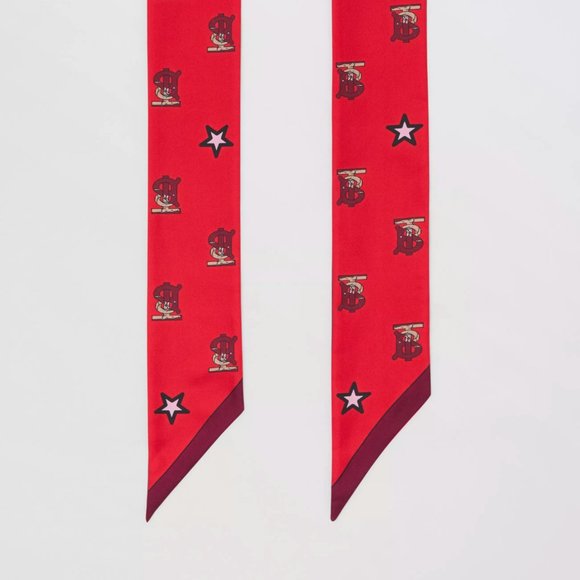 NEW  Authentic Burberry Red Logo Silk Skinny Two Tone scarf Head scarf bag Wrap - Picture 8 of 10